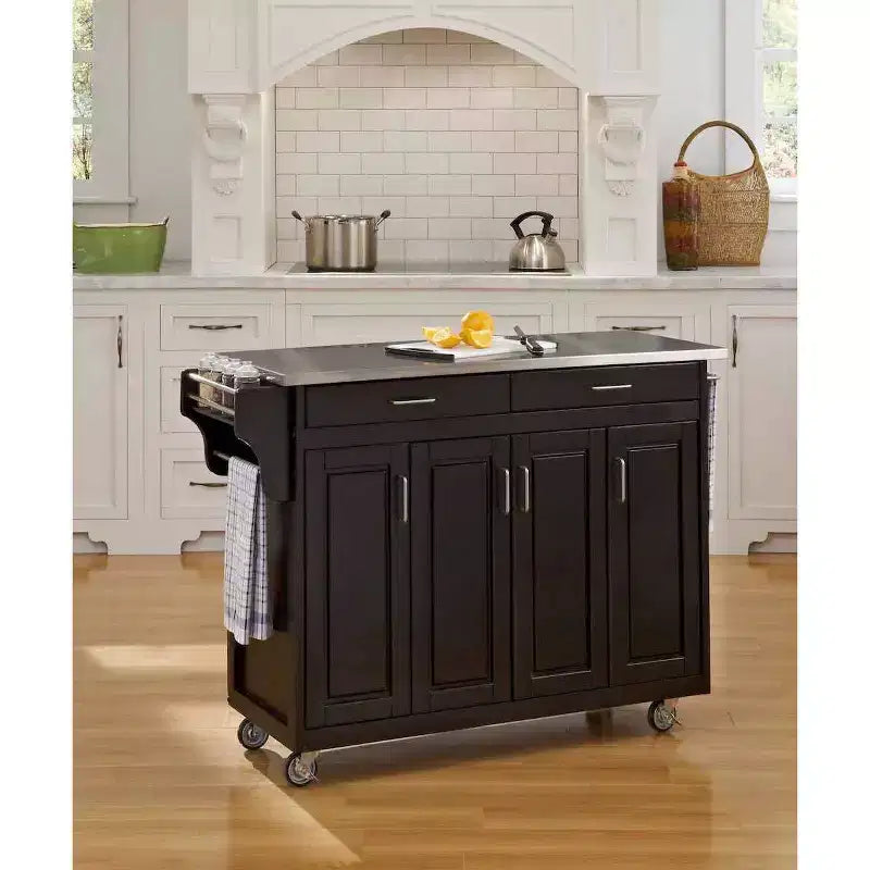 34.75" Kitchen Carts And Islands with Stainless Top Black/Silver - Home Styles: Mobile Storage, Spice Rack, Towel Bars