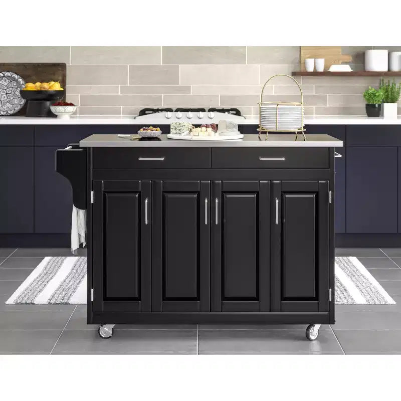 34.75" Kitchen Carts And Islands with Stainless Top Black/Silver - Home Styles: Mobile Storage, Spice Rack, Towel Bars