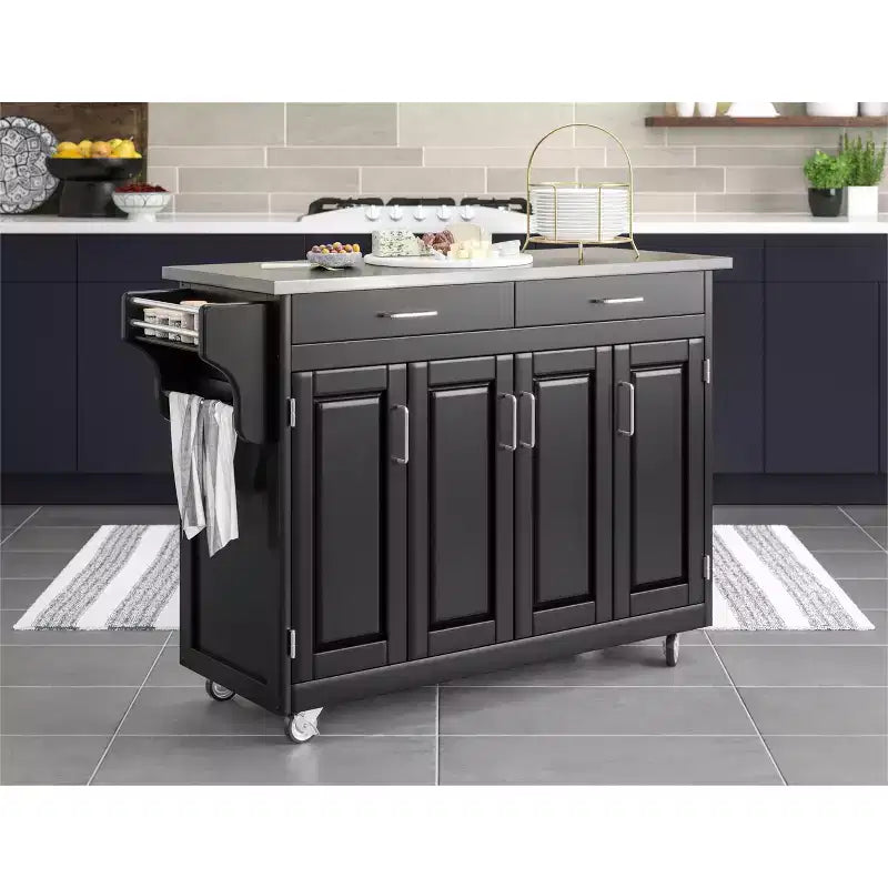 34.75" Kitchen Carts And Islands with Stainless Top Black/Silver - Home Styles: Mobile Storage, Spice Rack, Towel Bars