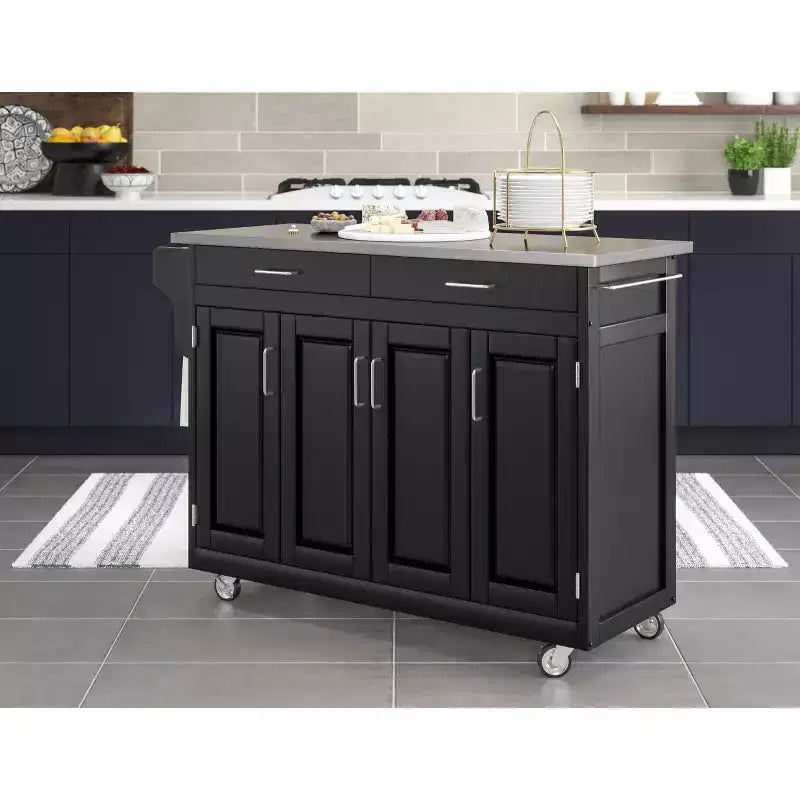 34.75" Kitchen Carts And Islands with Stainless Top Black/Silver - Home Styles: Mobile Storage, Spice Rack, Towel Bars