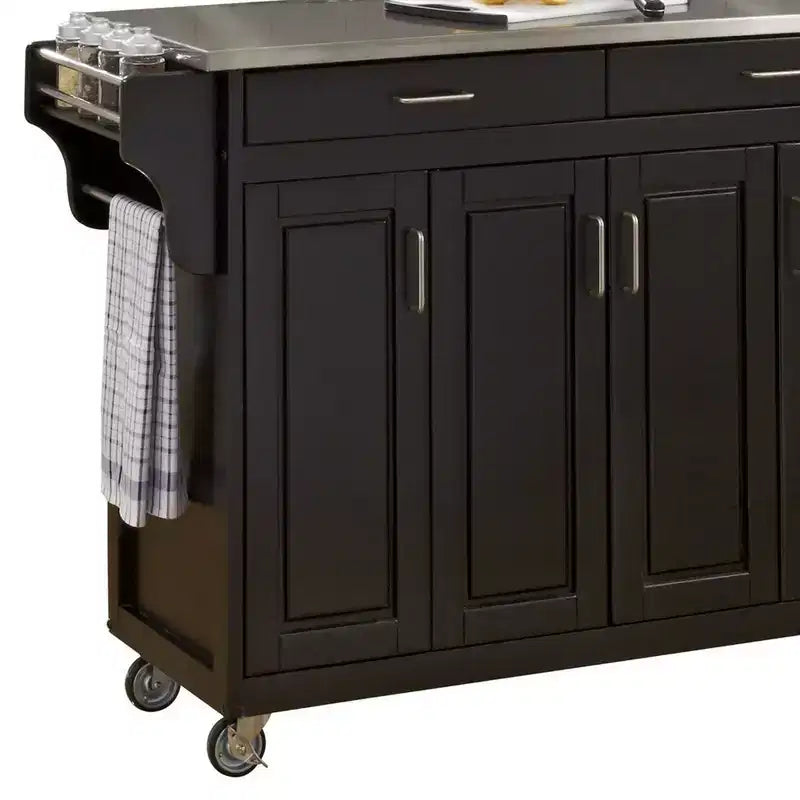 34.75" Kitchen Carts And Islands with Stainless Top Black/Silver - Home Styles: Mobile Storage, Spice Rack, Towel Bars