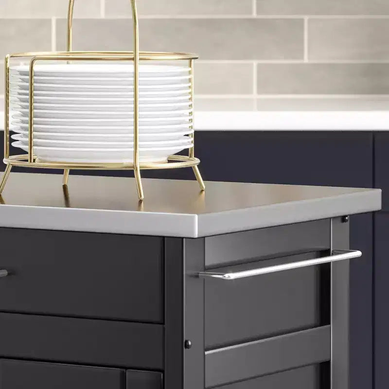 34.75" Kitchen Carts And Islands with Stainless Top Black/Silver - Home Styles: Mobile Storage, Spice Rack, Towel Bars