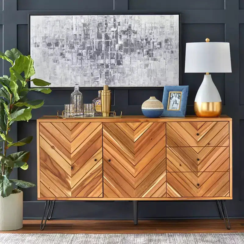 Lifestorey 2 Doors 3 Drawers Alexandria Mid Century Modern Chevron Buffet Oak: Mid-century Server, Hairpin Legs, Storage