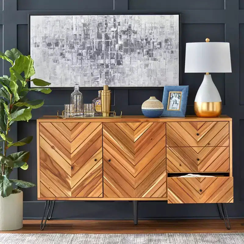 Lifestorey 2 Doors 3 Drawers Alexandria Mid Century Modern Chevron Buffet Oak: Mid-century Server, Hairpin Legs, Storage