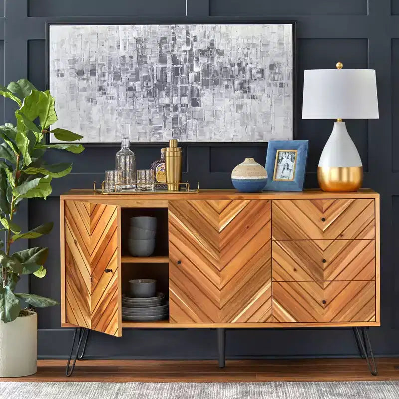 Lifestorey 2 Doors 3 Drawers Alexandria Mid Century Modern Chevron Buffet Oak: Mid-century Server, Hairpin Legs, Storage