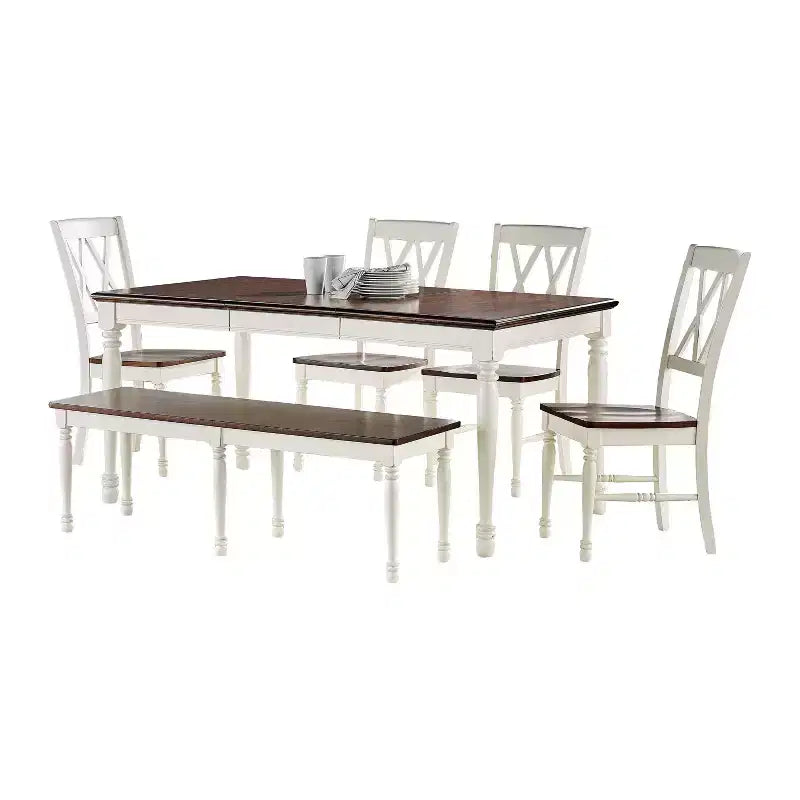 6pc Shelby Extendable Dining Set White - Crosley: Traditional Farmhouse Style, Turned Legs, Rubberwood Frame, Removable Leaf