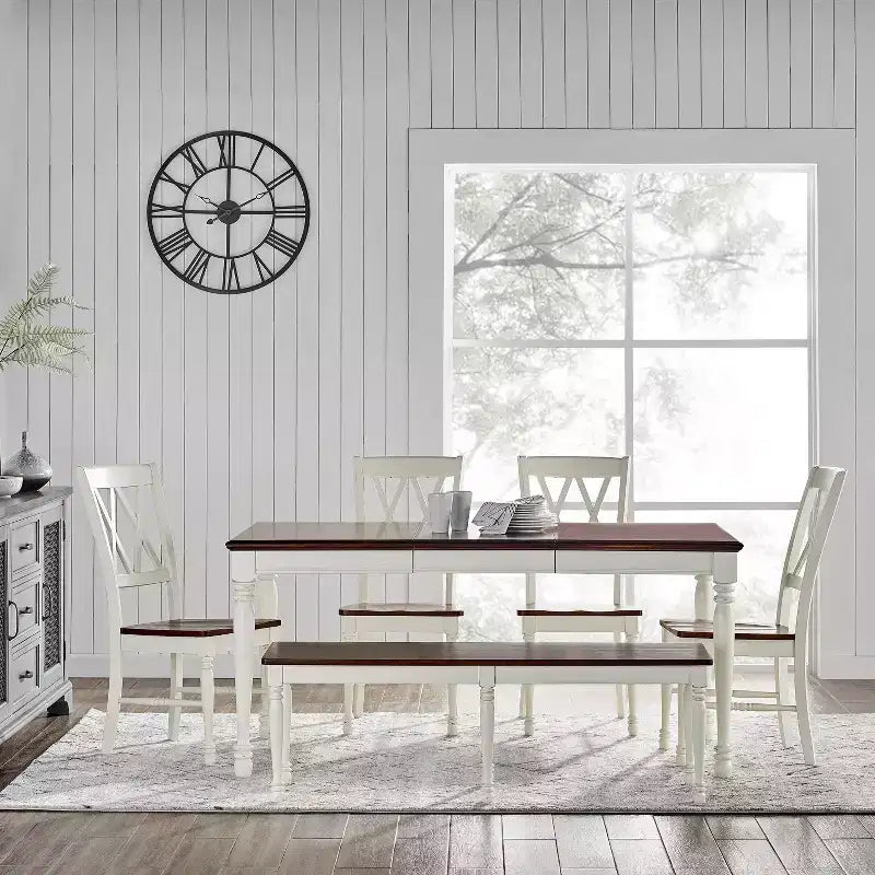 6pc Shelby Extendable Dining Set White - Crosley: Traditional Farmhouse Style, Turned Legs, Rubberwood Frame, Removable Leaf