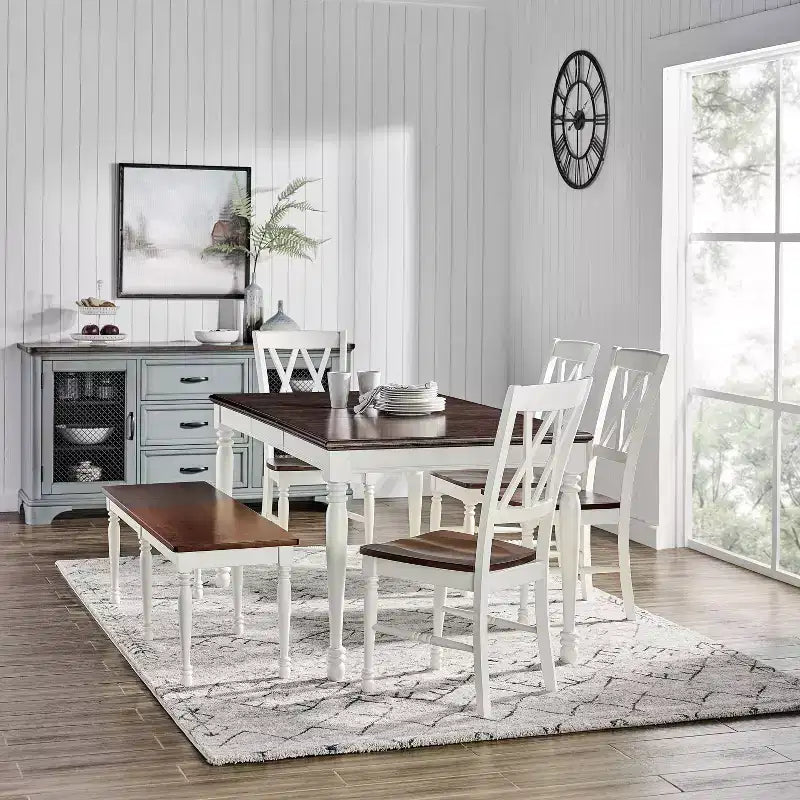 6pc Shelby Extendable Dining Set White - Crosley: Traditional Farmhouse Style, Turned Legs, Rubberwood Frame, Removable Leaf