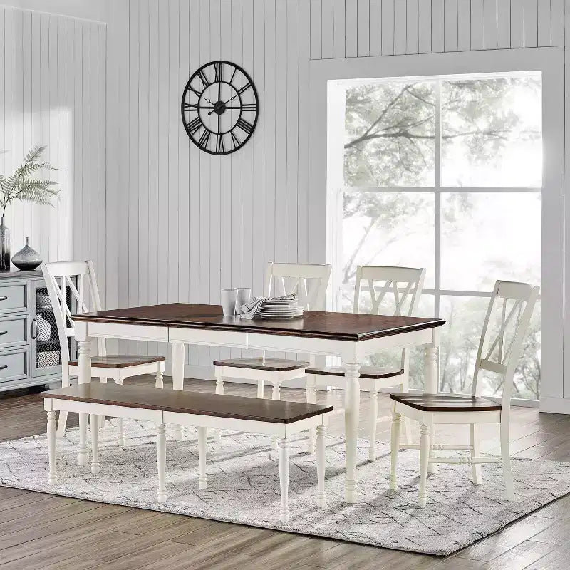 6pc Shelby Extendable Dining Set White - Crosley: Traditional Farmhouse Style, Turned Legs, Rubberwood Frame, Removable Leaf