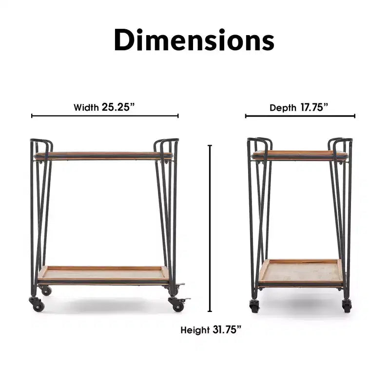 ClickDecor Cooper Bar Cart Black: Rubberwood Surface, Metal Frame, 2-Tier Beverage Serving Cart with Wheels