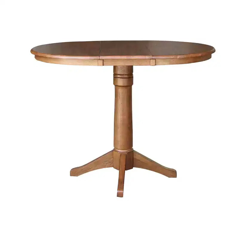 36.1" Lillian Round Top Pedestal 12" Drop Leaf Dining Table Distressed Oak - International Concepts: Solid Wood, Extendable