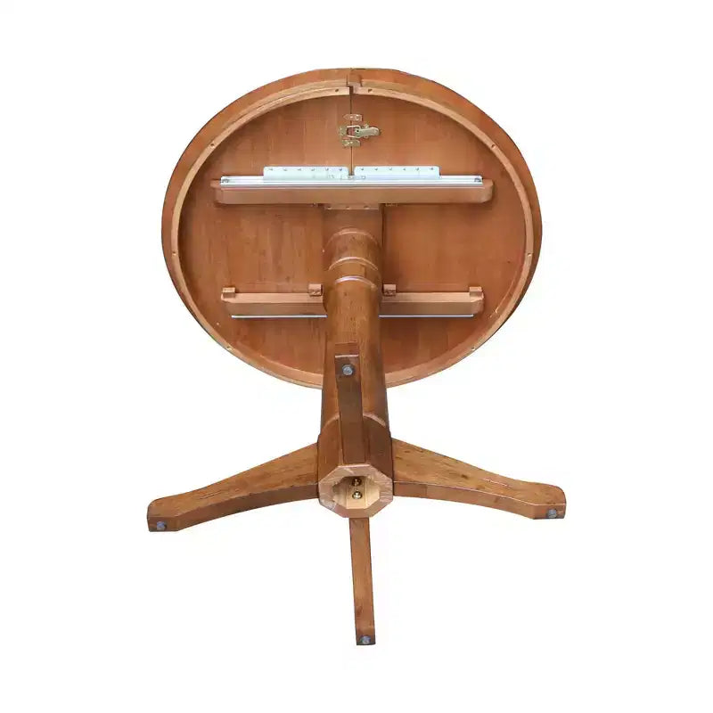 36.1" Lillian Round Top Pedestal 12" Drop Leaf Dining Table Distressed Oak - International Concepts: Solid Wood, Extendable
