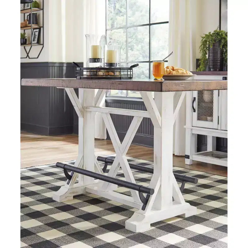 Valebeck Counter Height Dining Room Table Brown - Signature Design by Ashley: Two-Tone Farmhouse Style, Vintage Base, Metal Foot Rests