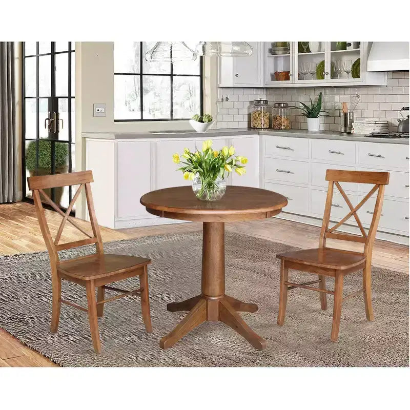30" Corla Round Top Pedestal Table with 2 X Back Chairs Dining Sets Distressed Oak - International Concepts