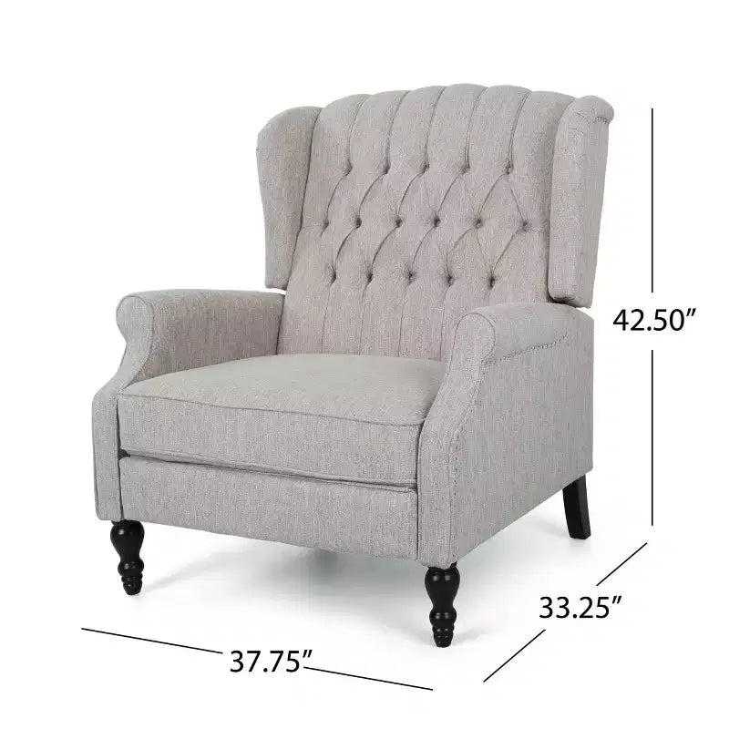 Fauteuil inclinable surdimensionné Apaloosa avec dossier à ailettes et à poussoir, gris clair – Christopher Knight Home : Touffeté, clous décoratifs, pieds en bois
