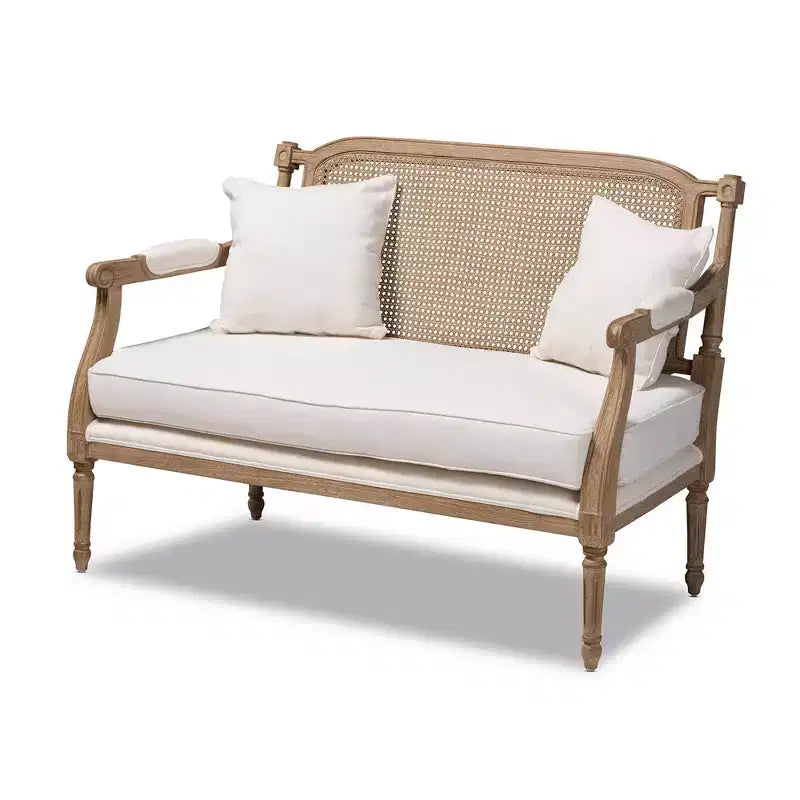 Clemence Upholstered Whitewashed Wood Sofa Loveseat Ivory/Oak - Baxton Studio: Polyester & Cotton, Spot Clean, 3-Seater