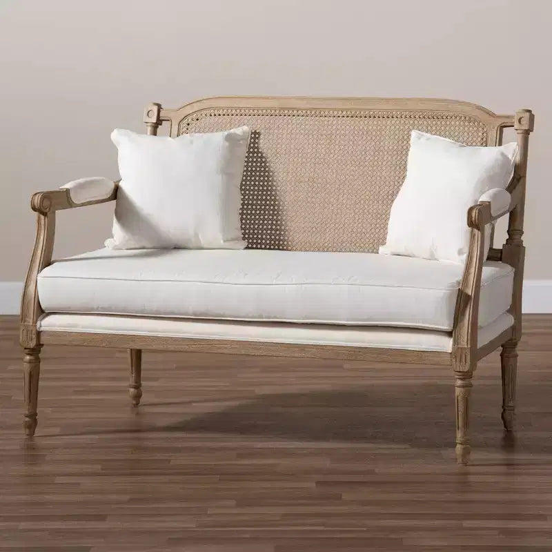 Clemence Upholstered Whitewashed Wood Sofa Loveseat Ivory/Oak - Baxton Studio: Polyester & Cotton, Spot Clean, 3-Seater