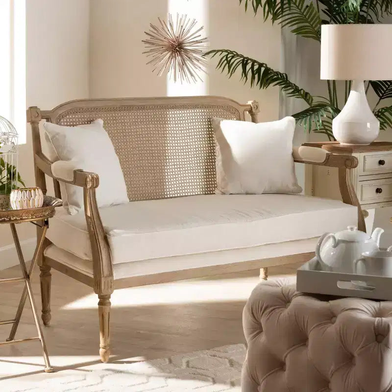 Clemence Upholstered Whitewashed Wood Sofa Loveseat Ivory/Oak - Baxton Studio: Polyester & Cotton, Spot Clean, 3-Seater