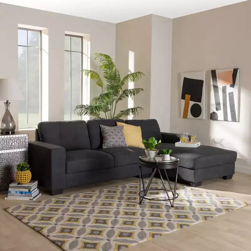 Baxton Studio Langley Sectional Sofa with Right Facing Chaise Dark Gray: Mid-Century Modern, Upholstered, Wood Frame