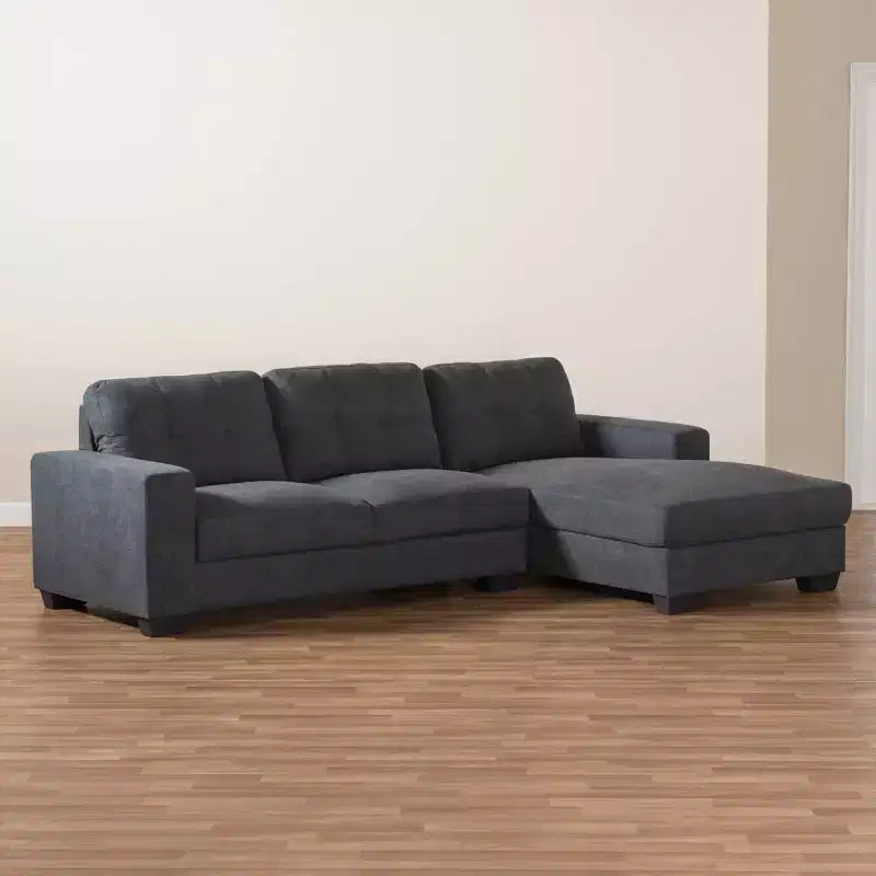 Baxton Studio Langley Sectional Sofa with Right Facing Chaise Dark Gray: Mid-Century Modern, Upholstered, Wood Frame