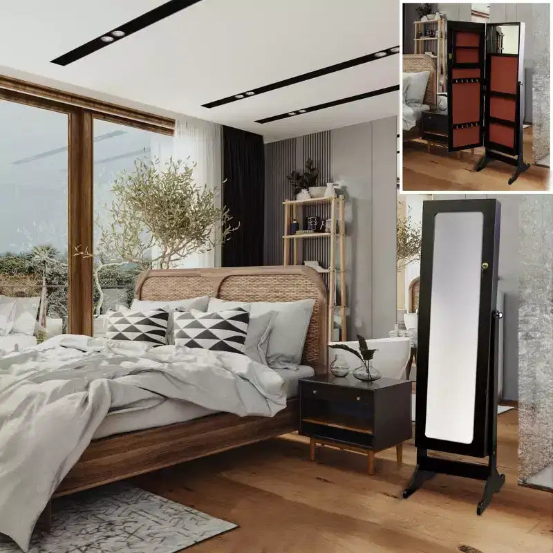 Ore International Bijoux Armoire Marron : Organisateur autoportant en bois dur avec miroir, quincaillerie en métal