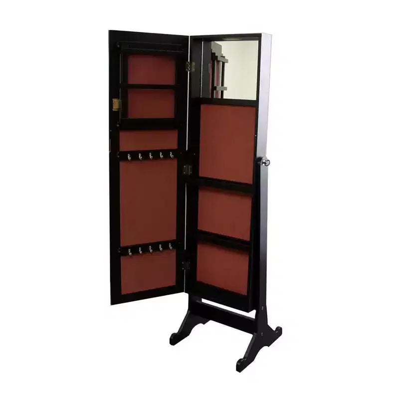 Ore International Bijoux Armoire Marron : Organisateur autoportant en bois dur avec miroir, quincaillerie en métal