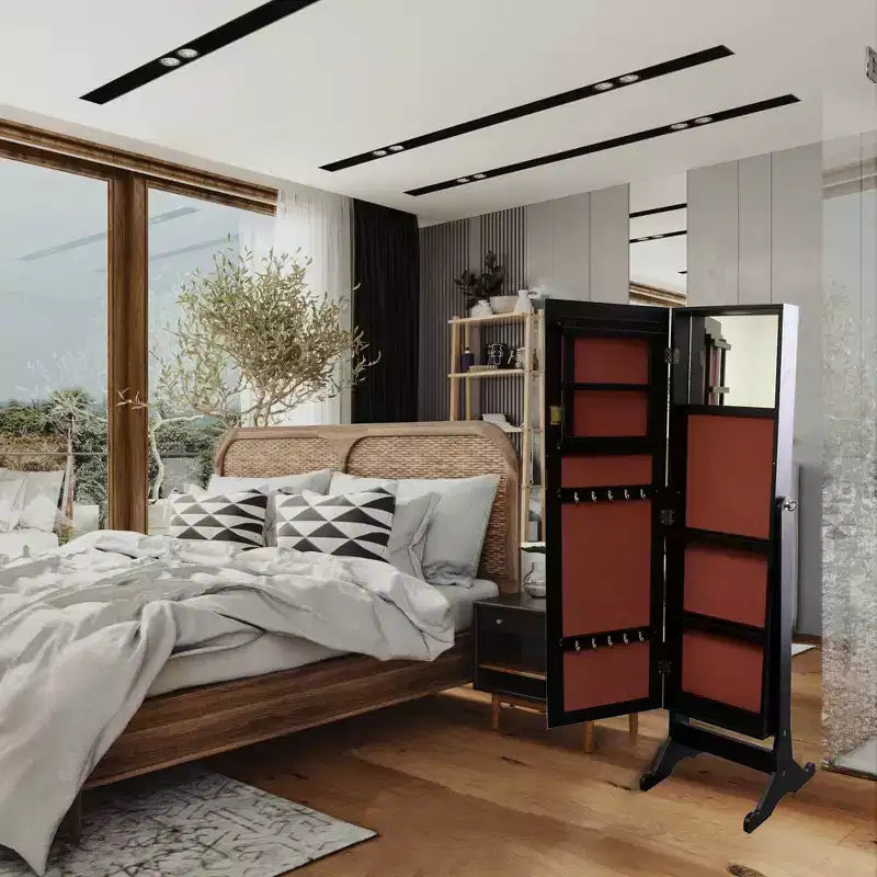 Ore International Bijoux Armoire Marron : Organisateur autoportant en bois dur avec miroir, quincaillerie en métal