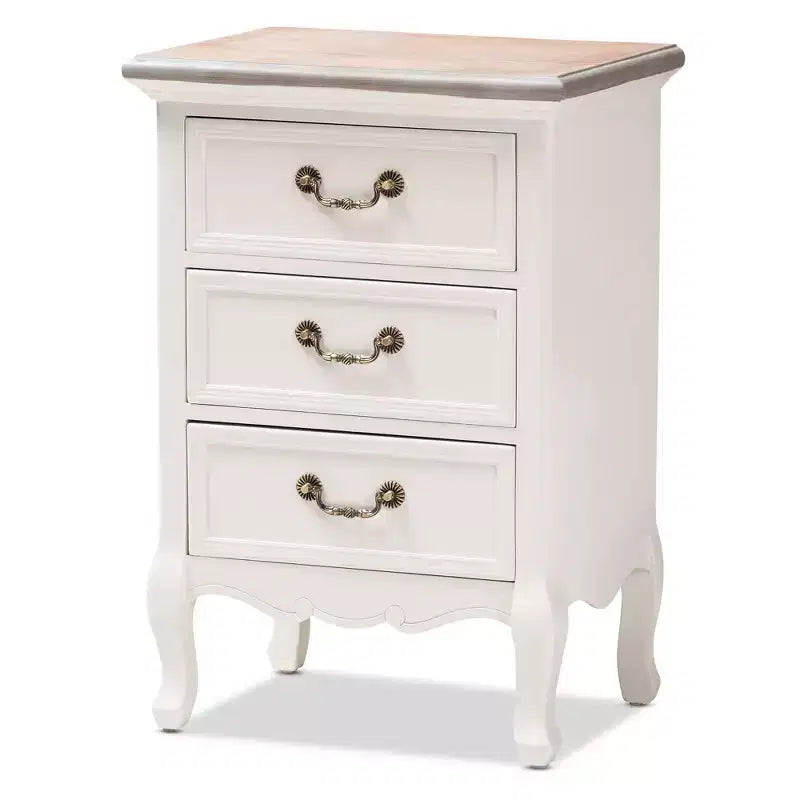 Capucine Two-Tone Natural Whitewashed Oak Finished Wood 3 Drawer Nightstand White - Baxton Studio