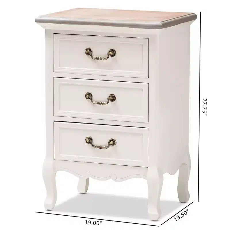 Capucine Two-Tone Natural Whitewashed Oak Finished Wood 3 Drawer Nightstand White - Baxton Studio