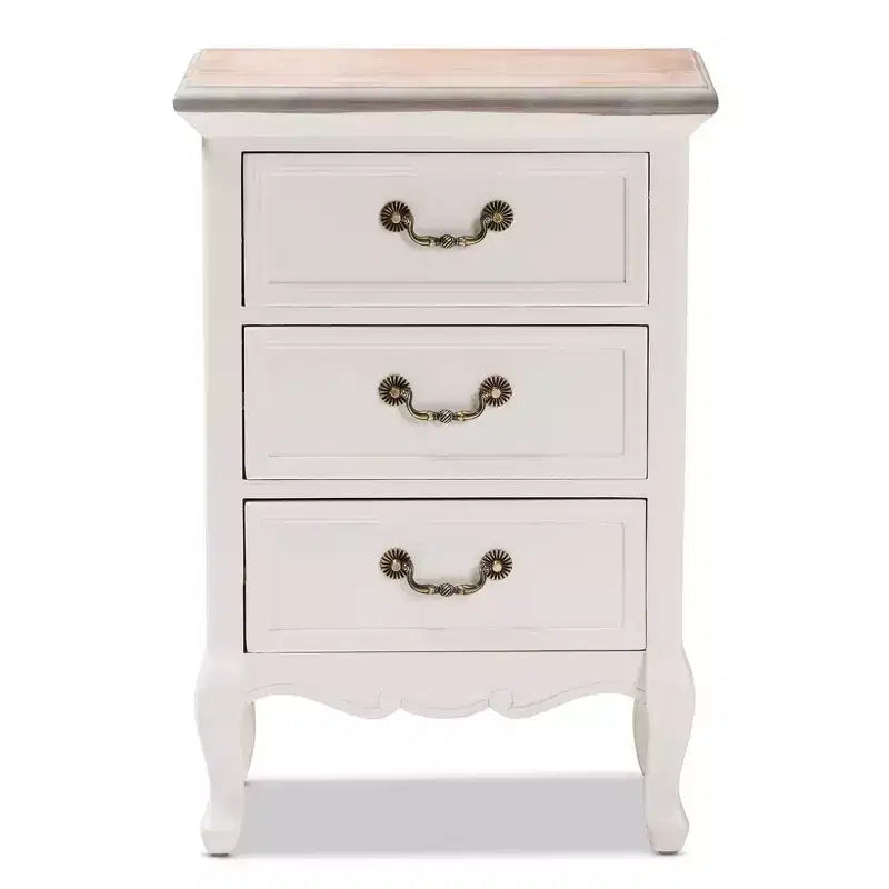 Capucine Two-Tone Natural Whitewashed Oak Finished Wood 3 Drawer Nightstand White - Baxton Studio