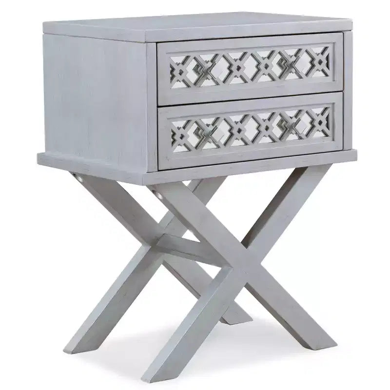 Mirrored Diamond Filigree X Base Nightstand/Table Silver Leaf - Leick Home: Solid Wood, 28" Height, 2 Drawers