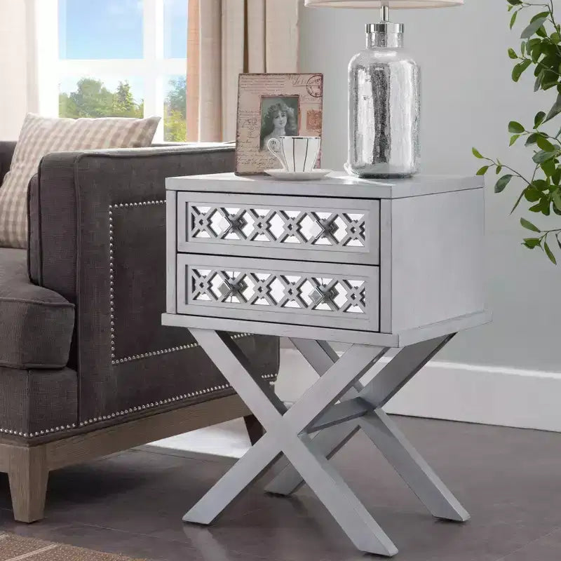 Mirrored Diamond Filigree X Base Nightstand/Table Silver Leaf - Leick Home: Solid Wood, 28" Height, 2 Drawers
