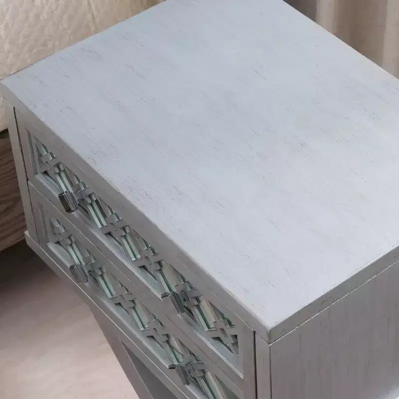 Mirrored Diamond Filigree X Base Nightstand/Table Silver Leaf - Leick Home: Solid Wood, 28" Height, 2 Drawers