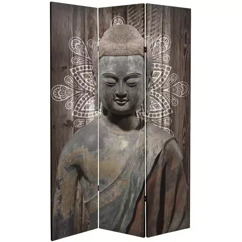 6" Double Sided Stone Buddha Canvas Room Divider Gray - Oriental Furniture: Privacy Screen, 3 Panels, No Assembly Required