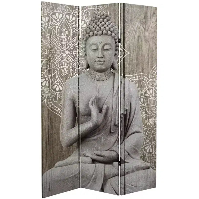 6" Double Sided Stone Buddha Canvas Room Divider Gray - Oriental Furniture: Privacy Screen, 3 Panels, No Assembly Required