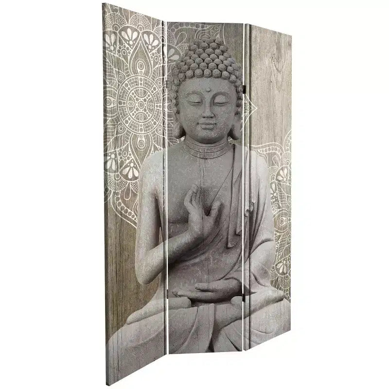 6" Double Sided Stone Buddha Canvas Room Divider Gray - Oriental Furniture: Privacy Screen, 3 Panels, No Assembly Required