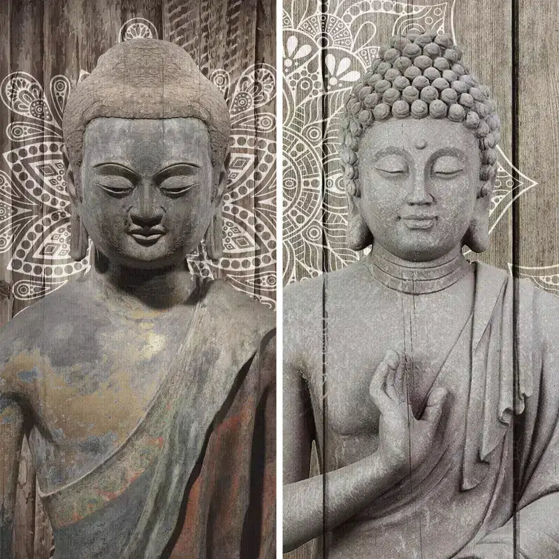 6" Double Sided Stone Buddha Canvas Room Divider Gray - Oriental Furniture: Privacy Screen, 3 Panels, No Assembly Required