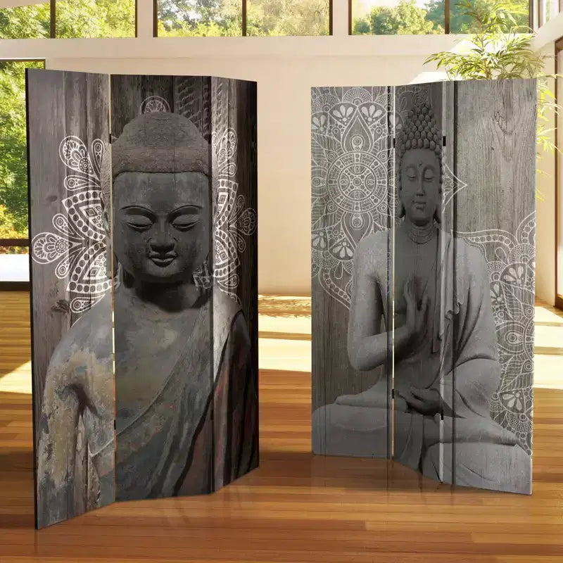 6" Double Sided Stone Buddha Canvas Room Divider Gray - Oriental Furniture: Privacy Screen, 3 Panels, No Assembly Required