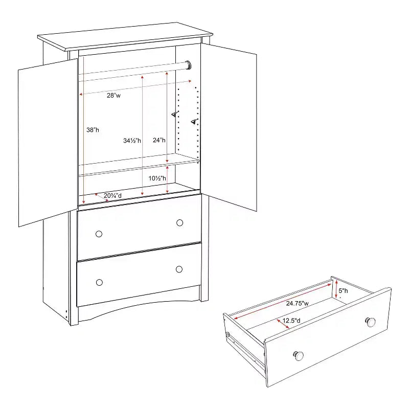 Clothing Armoire Black - Prepac: Transitional Style, 2-Door Wardrobe with Drawers & Shelves