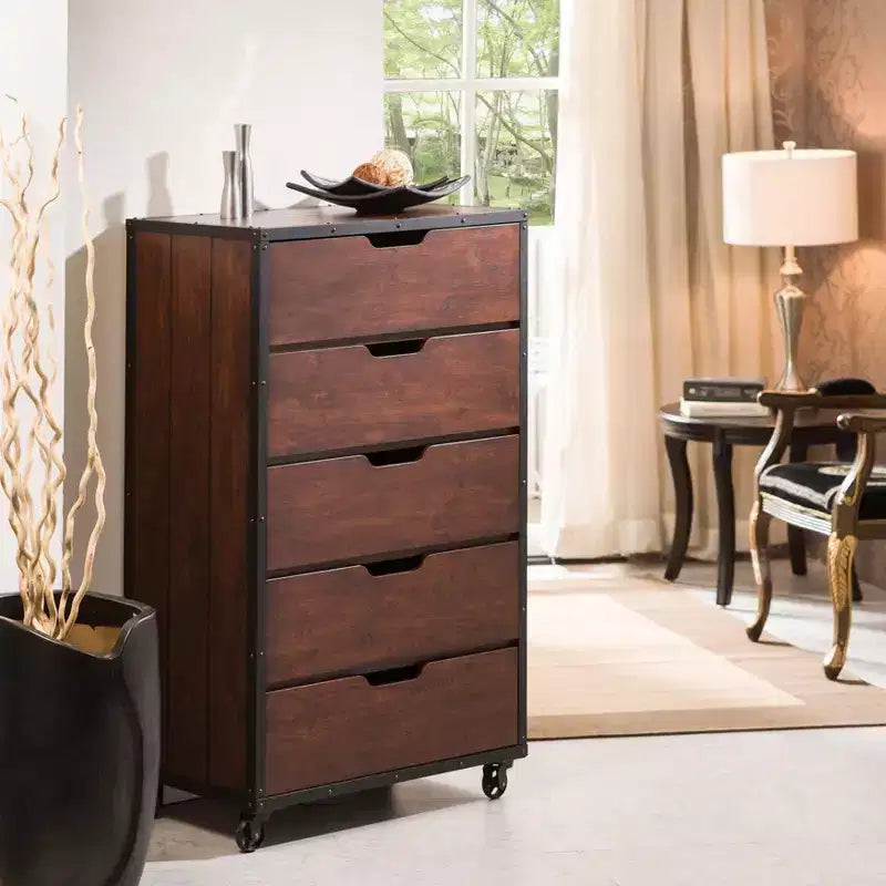 Owen 5 Drawer Chest Vintage Walnut/Black - miBasics: Industrial Design, Casters, Storage Solution