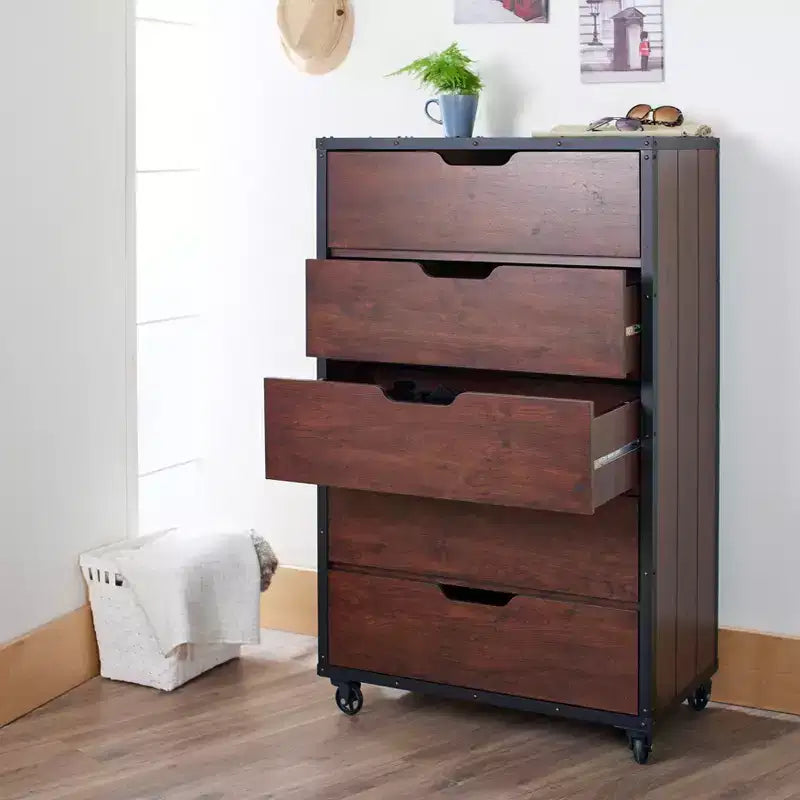 Owen 5 Drawer Chest Vintage Walnut/Black - miBasics: Industrial Design, Casters, Storage Solution