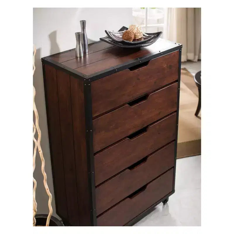 Owen 5 Drawer Chest Vintage Walnut/Black - miBasics: Industrial Design, Casters, Storage Solution