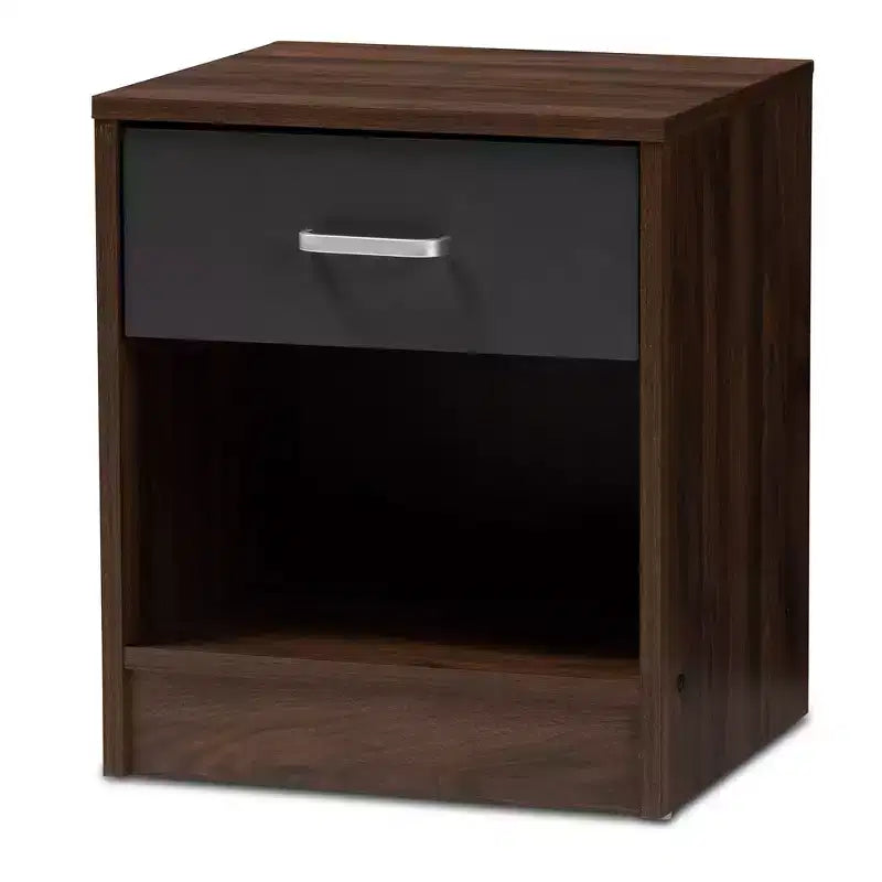 Hansel 1 Drawer and Finished Nightstand Brown/Gray - Baxton Studio: Modern Bedside Furniture with Open Shelf