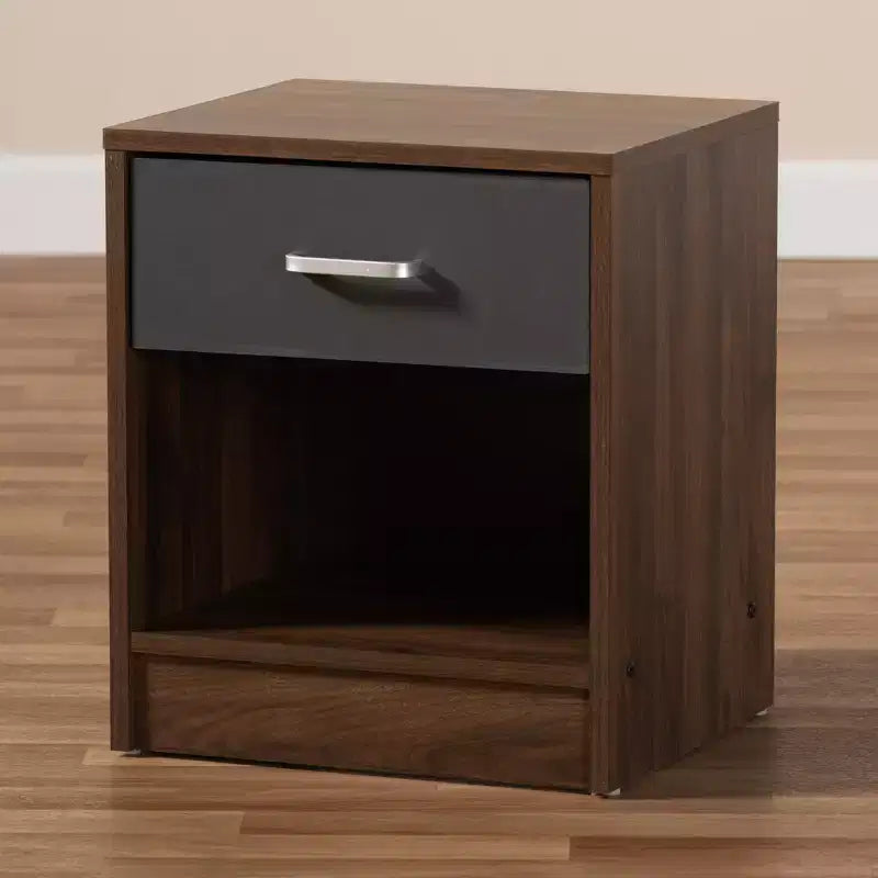Hansel 1 Drawer and Finished Nightstand Brown/Gray - Baxton Studio: Modern Bedside Furniture with Open Shelf