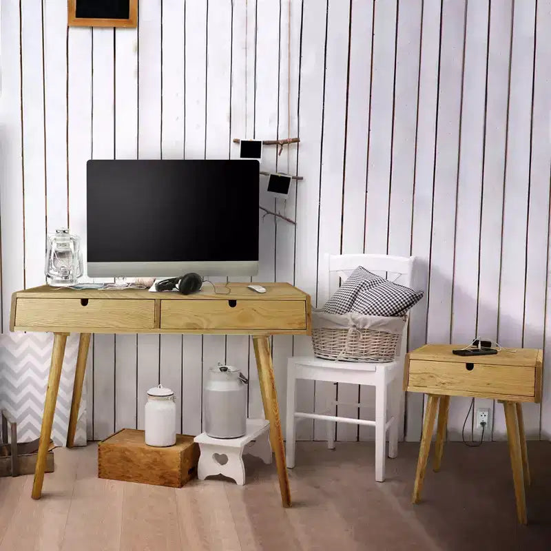 Nightstand with USB Ports Natural Oak - Flora Home: Solid American Red Oak, Easy Charge, Storage Drawer