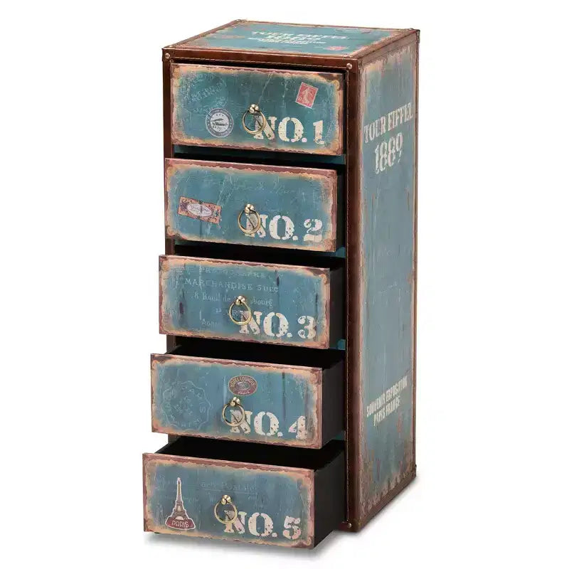 Commode 5 tiroirs Alba en bois bleu - Style vintage parisien avec poignées anneaux en laiton