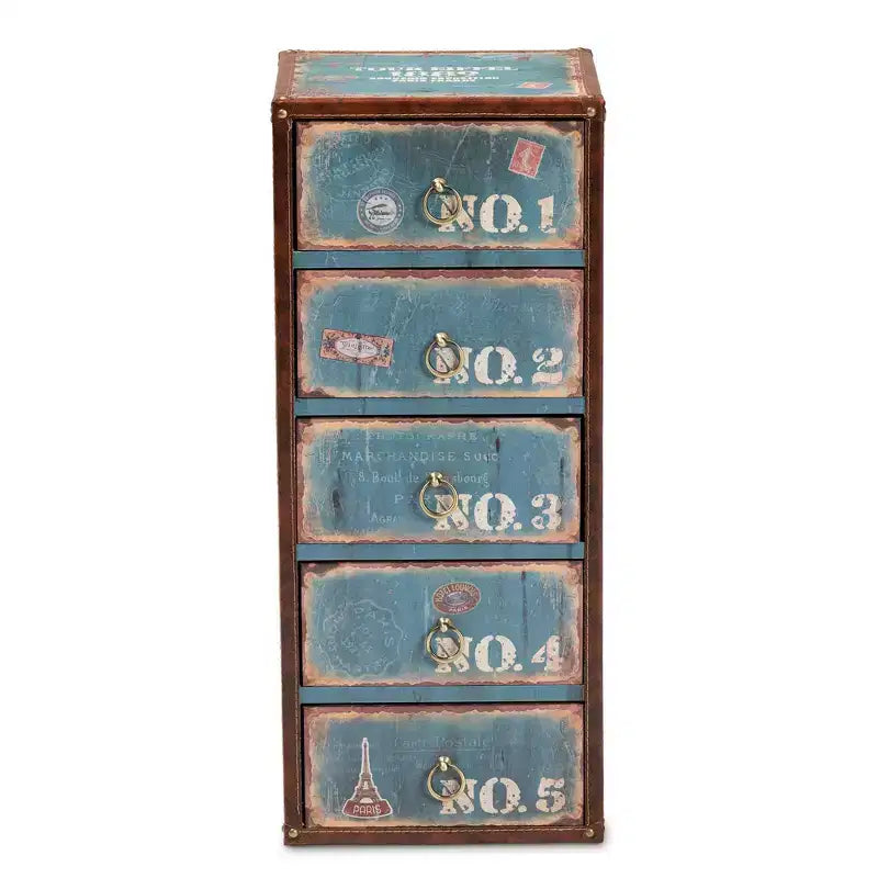 Commode 5 tiroirs Alba en bois bleu - Style vintage parisien avec poignées anneaux en laiton