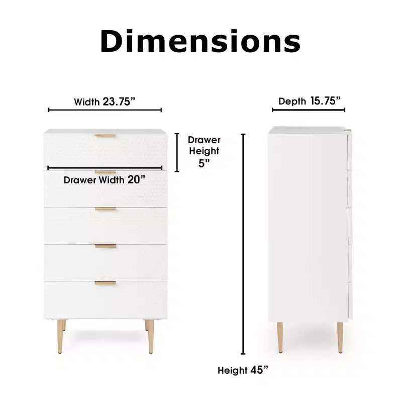 Jolie 5 Drawer Tallboy Dresser White - Adore Decor: Glam Style, MDF & Iron, Anti-Tip, Metal Glides