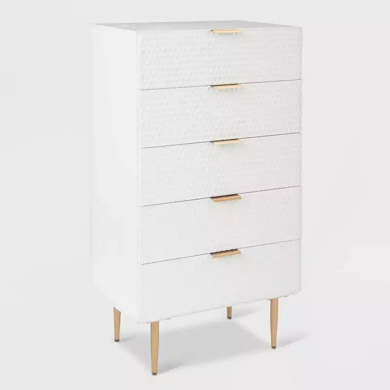 Jolie 5 Drawer Tallboy Dresser White - Adore Decor: Glam Style, MDF & Iron, Anti-Tip, Metal Glides