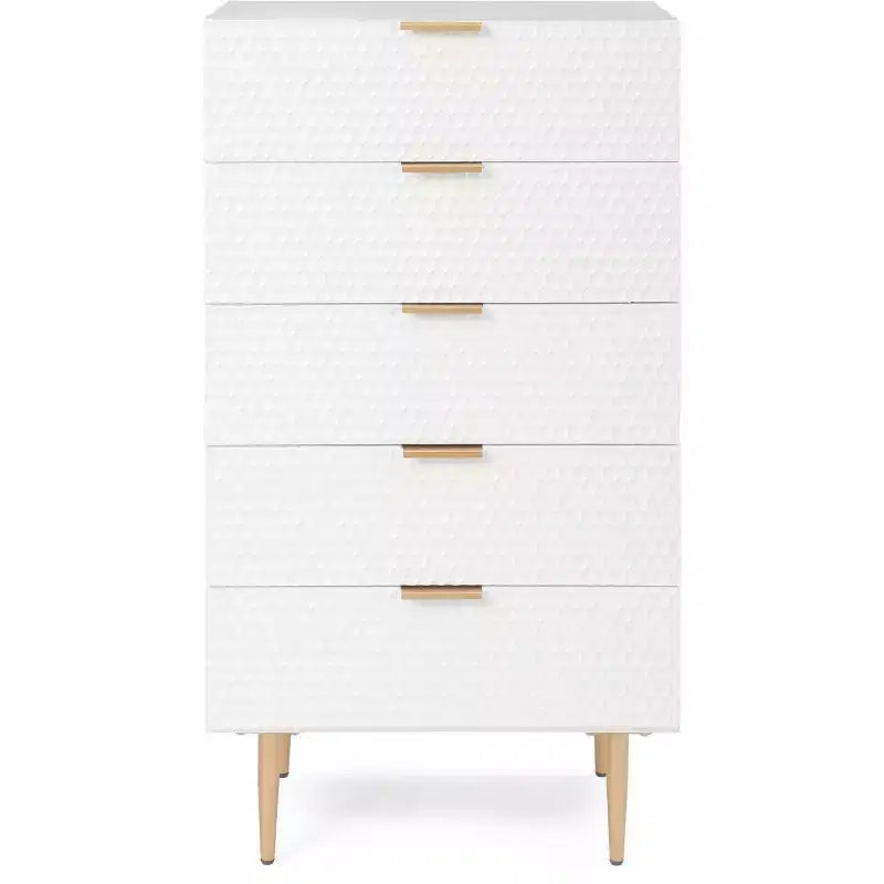 Jolie 5 Drawer Tallboy Dresser White - Adore Decor: Glam Style, MDF & Iron, Anti-Tip, Metal Glides